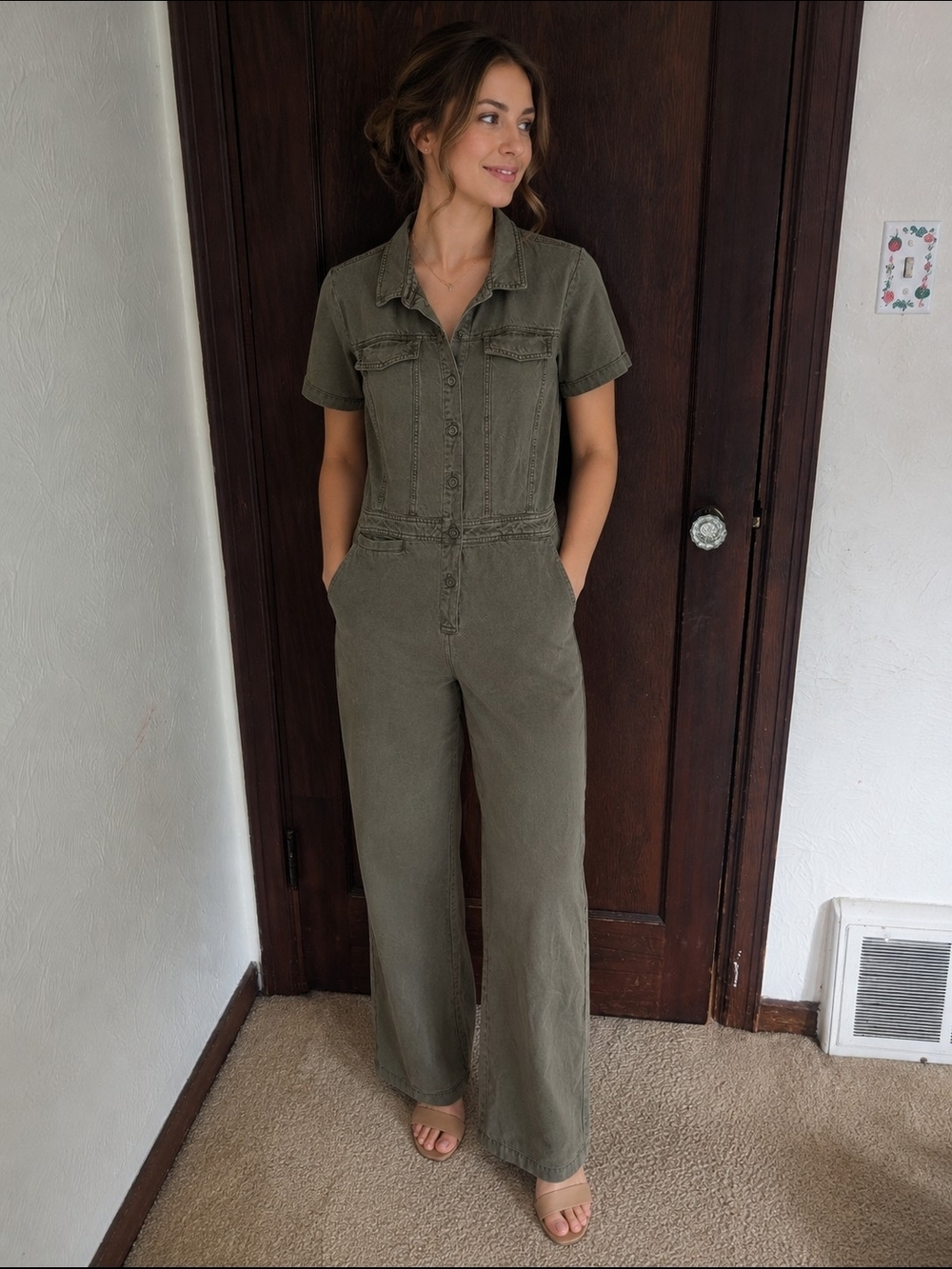 Short-Sleeve Utility Jumpsuit in Olive